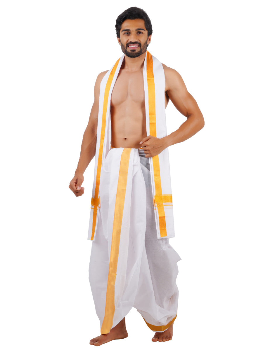 Mens Panchakacham Dhoti with Angavasthram Poornakumbam White (9+5)