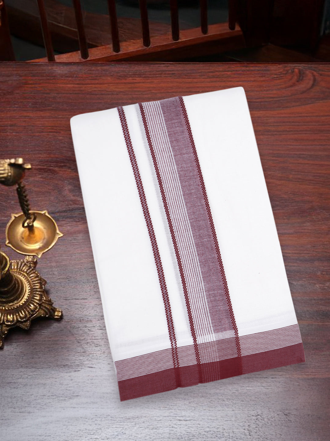 Men 100% Cotton Maroon Fancy Border Panchakacham Set White(9+5)