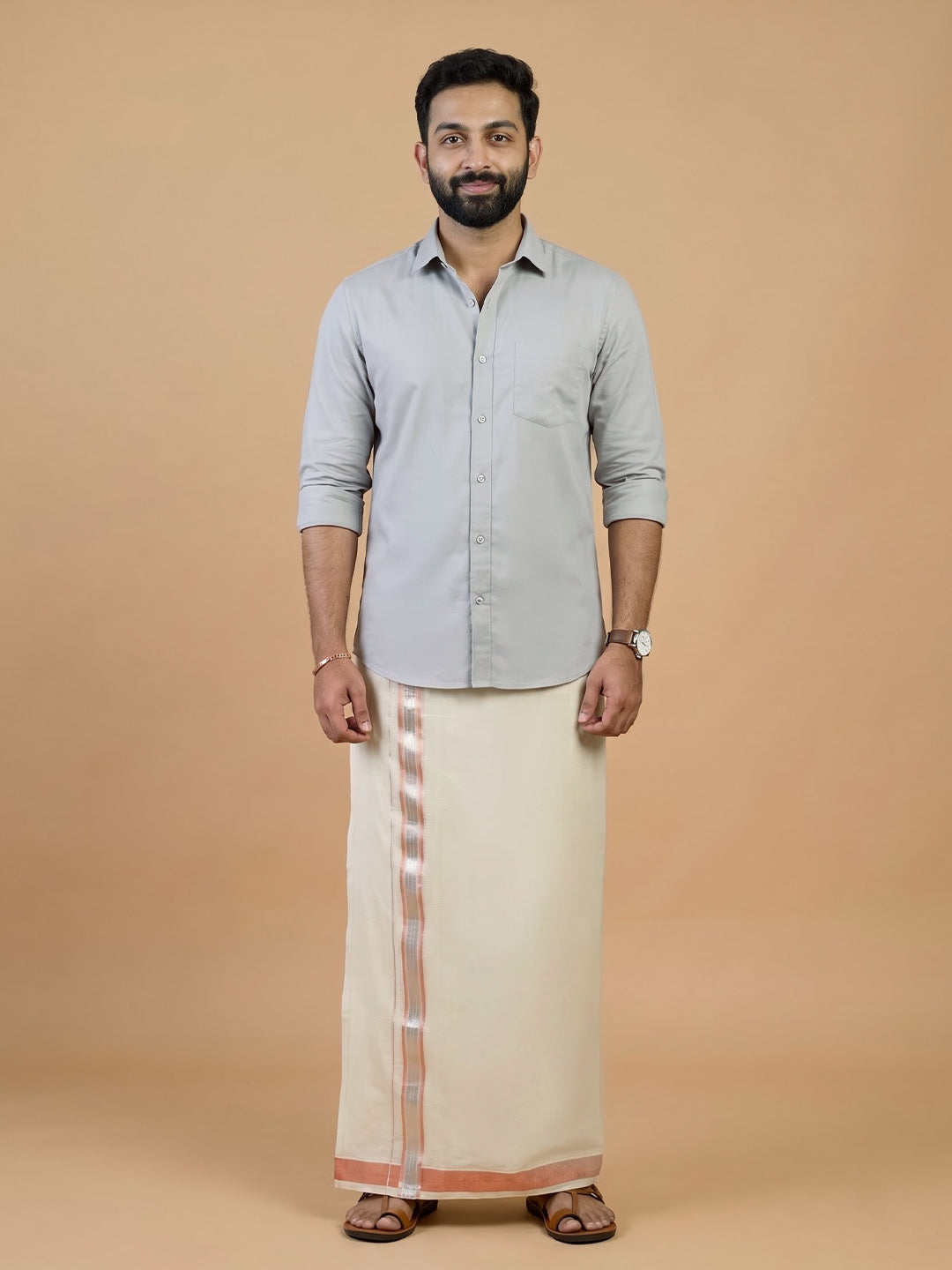Double Layer Cotton Cream Kora Dhoti with Fancy Jari Border - ECF01