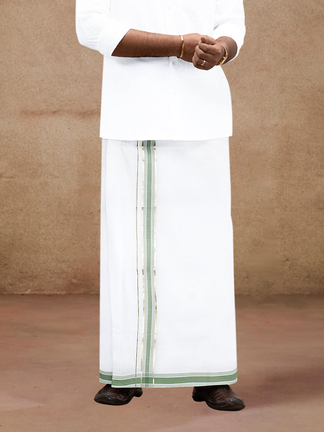 Men 100% Cotton Double Layer White Dhoti with Fancy Jari Border BJ01