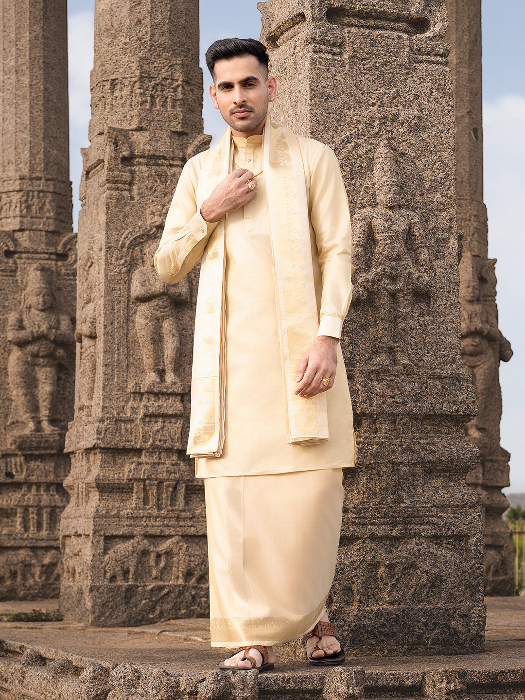 Pure Silk 3" Elephant Jari Border Wedding Dhoti & Towel Set – Amirtham