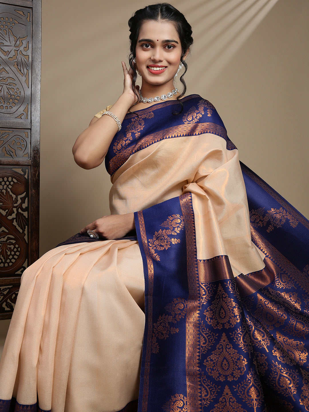 Women Sandal Tissue Saree with Navy Border TS60