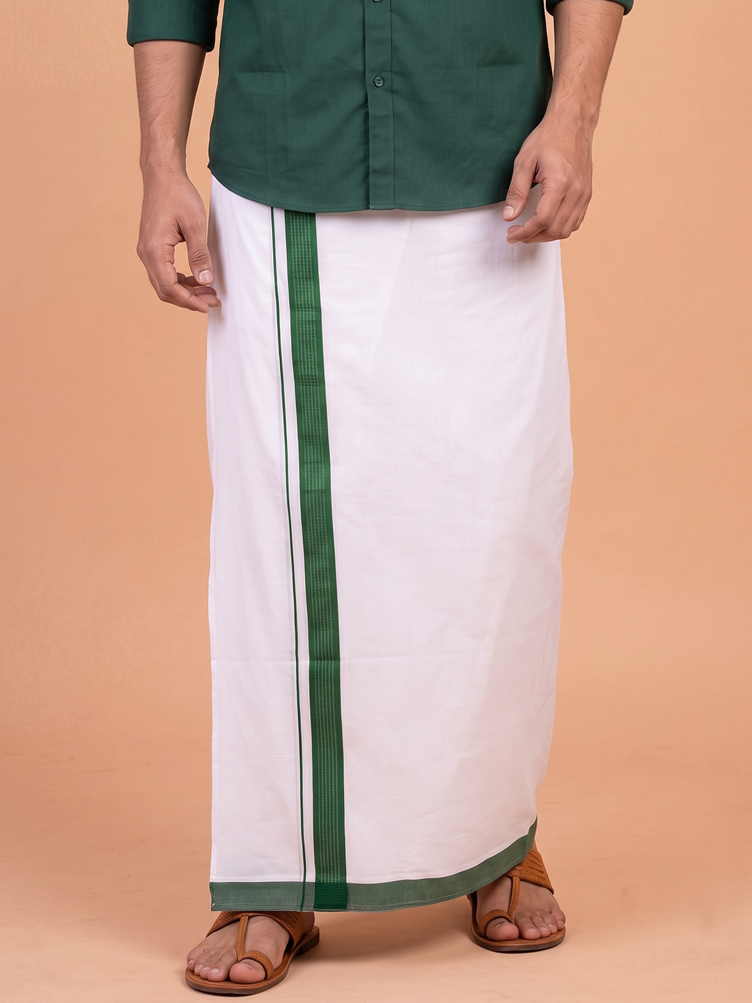 Double Layer Cotton Blend White Dhoti With Green Fancy Border TF19