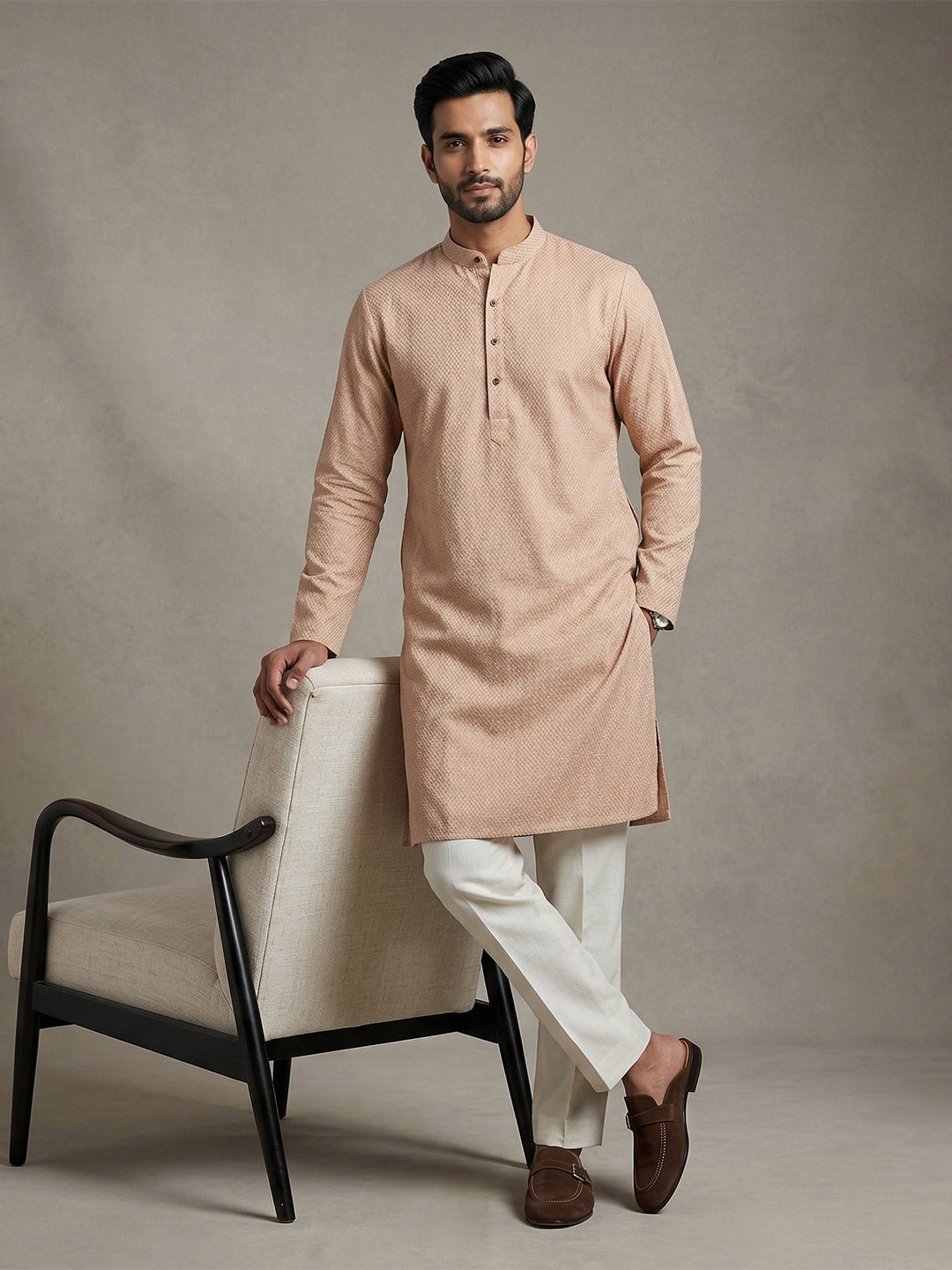 Men Cotton Medium Length Printed Pocket Kurta Light Purple MHJ1