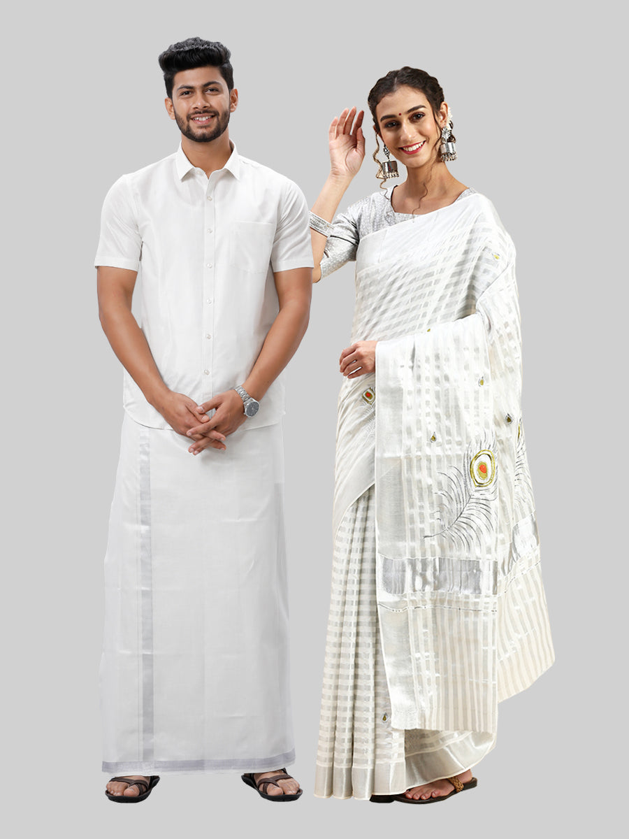 Tissue Silver Jari Shirt Dhoti Set with Saree Couple Combo OCC04-Front view