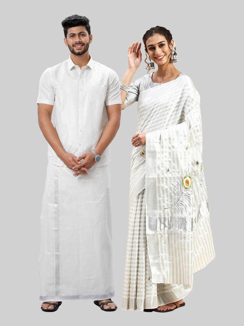 Tissue Silver Jari Shirt Dhoti Set with Saree Couple Combo OCC04