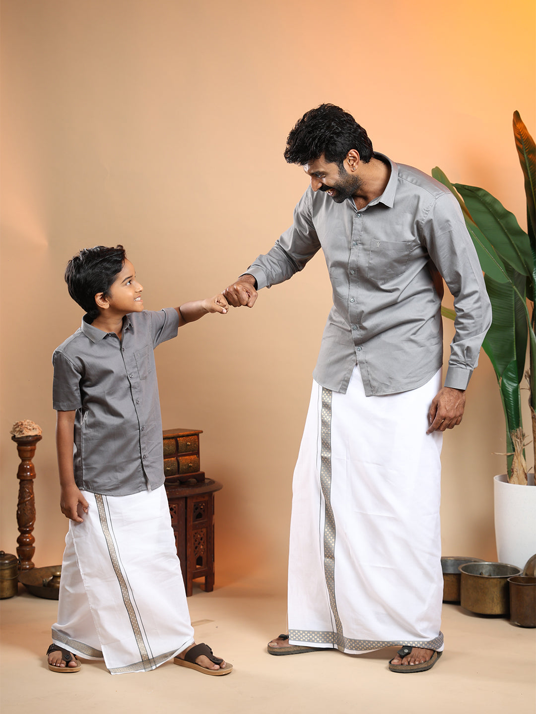 Like Father Like Son Matching Border Dhoti with Shirt Combo Set Shuttle Grey BT6