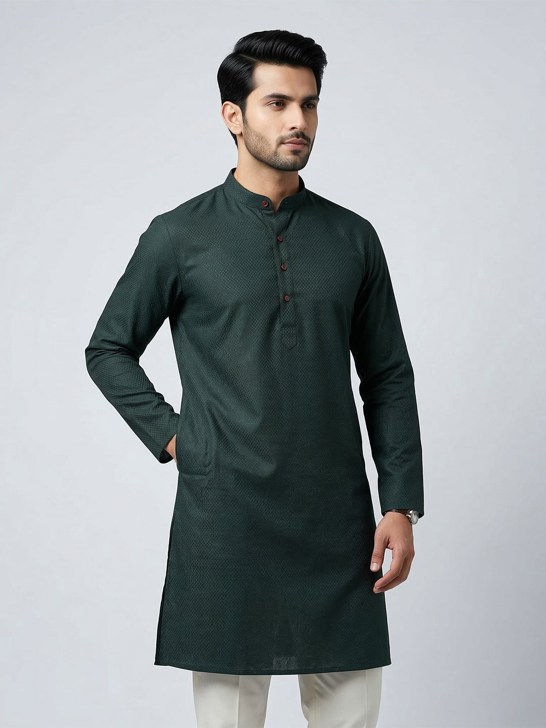 Men Cotton Medium Length Printed Pocket Kurta Bottle Green MHJ8