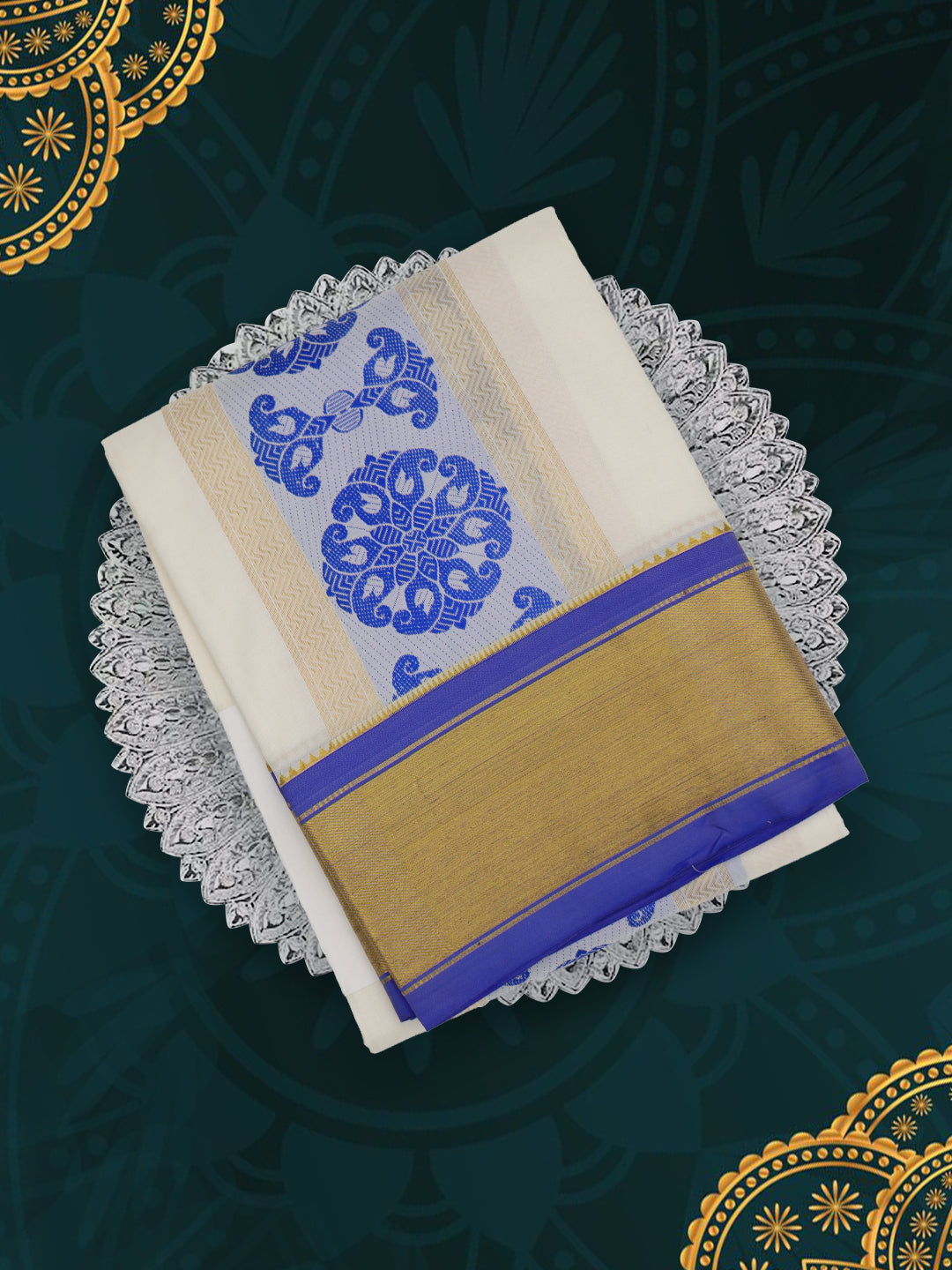 Men’s Pure Silk Cream Dhoti and Towel Set with 3-inch Ink Blue & Gold Fancy Jari Border TF04