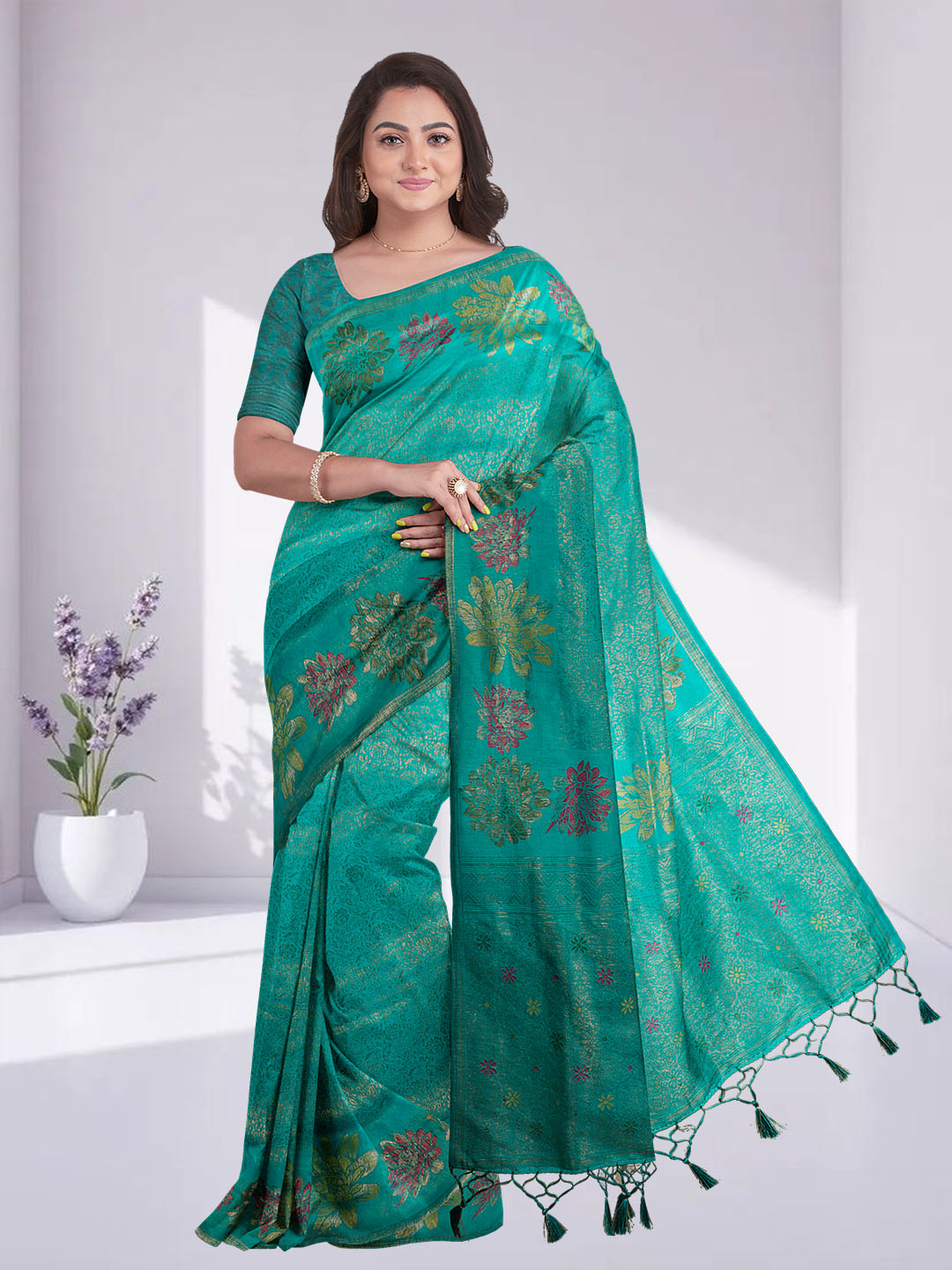 Women Peacock Green Semi Mysore Silk Saree SS370