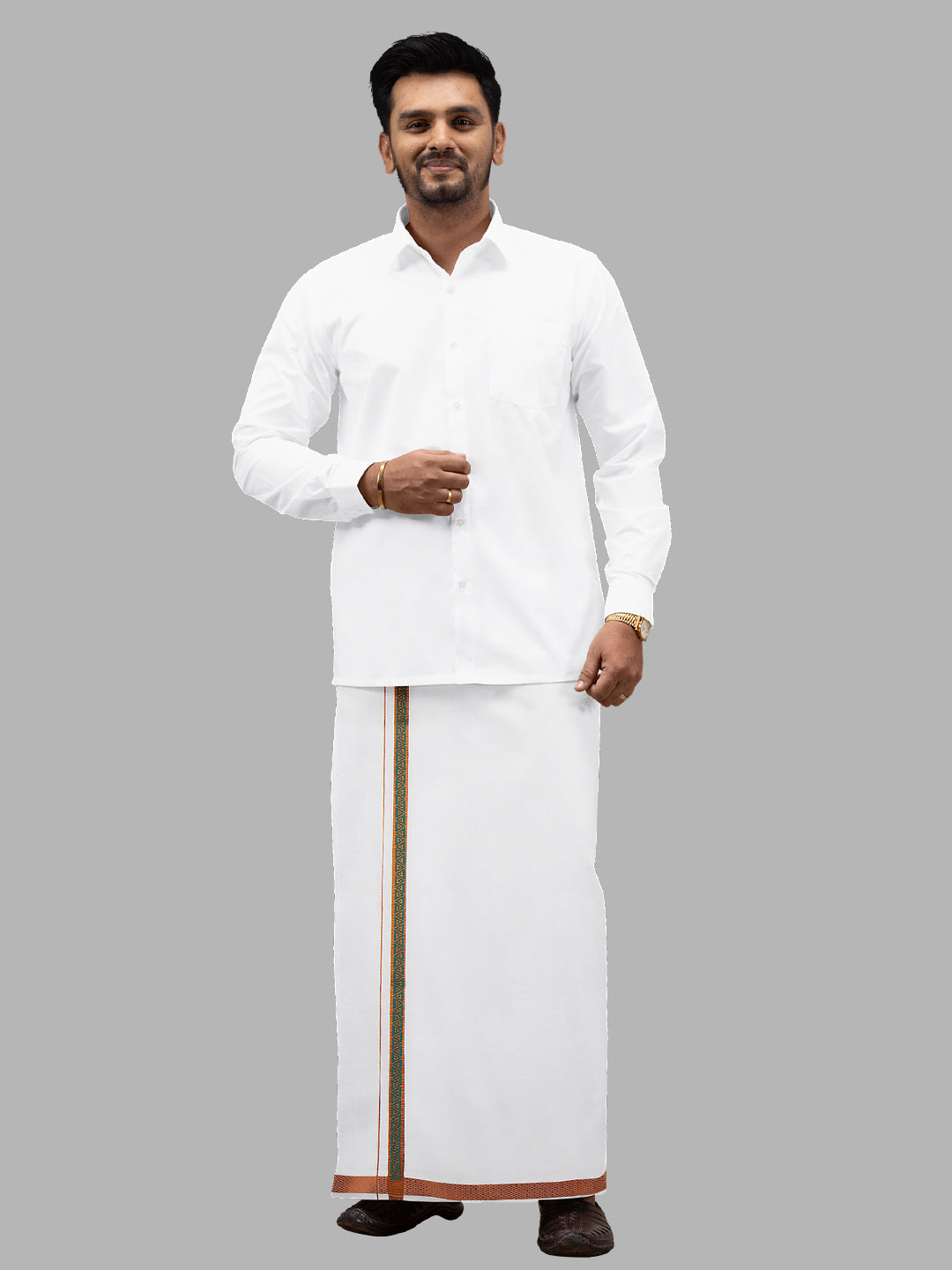 Men Green Diamond Fancy Jari Border Readymade Pocket Single Layer Dhoti