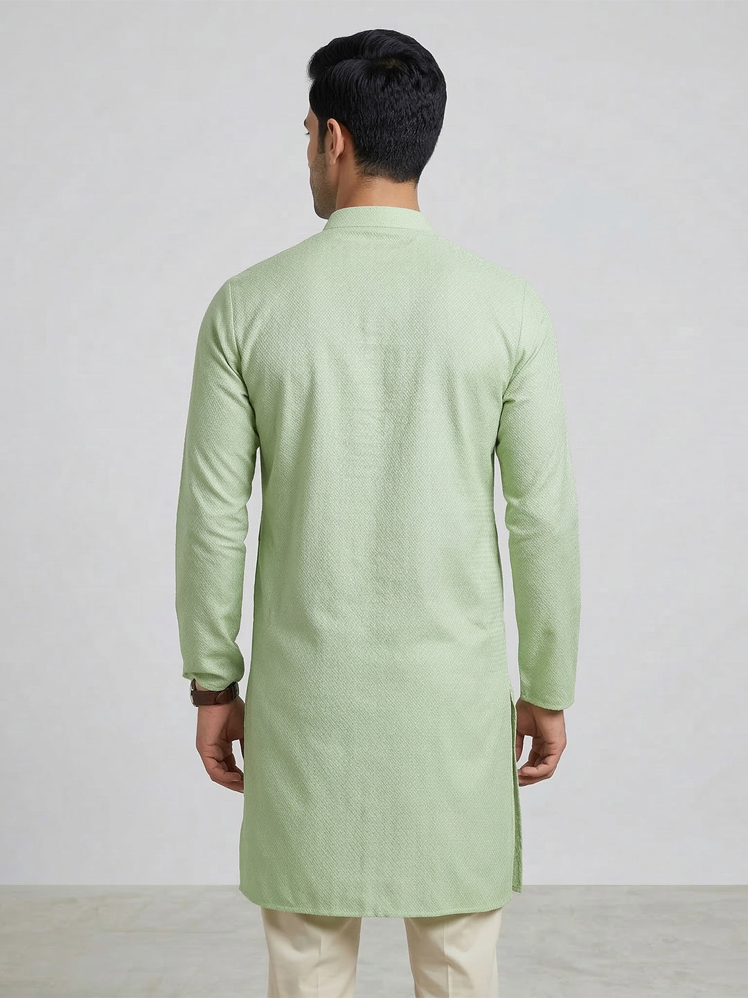 Men Cotton Medium Length Printed Pocket Kurta Mint Green MHJ4