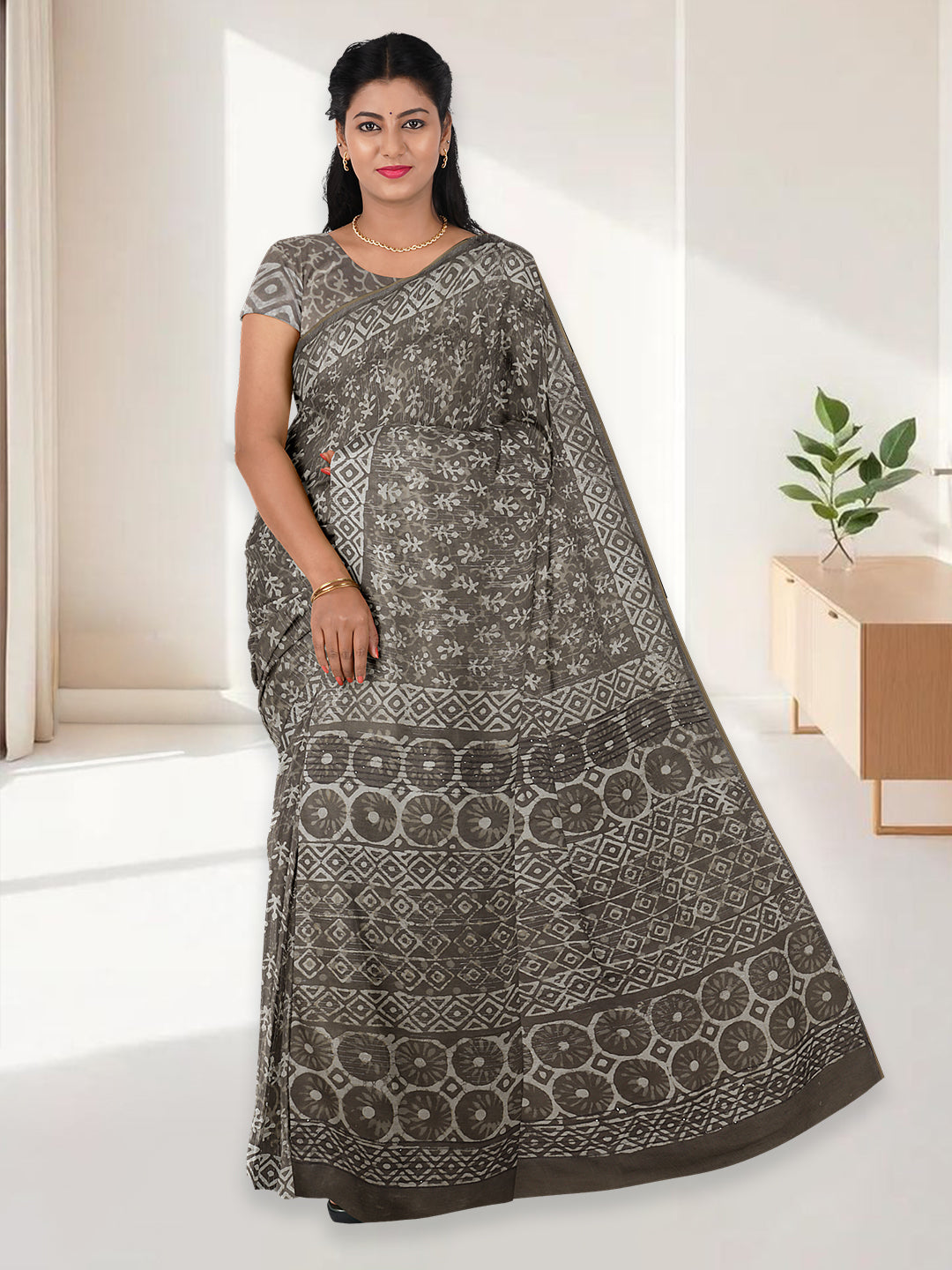 Women Light Brown Pure Cotton Saree PCS193