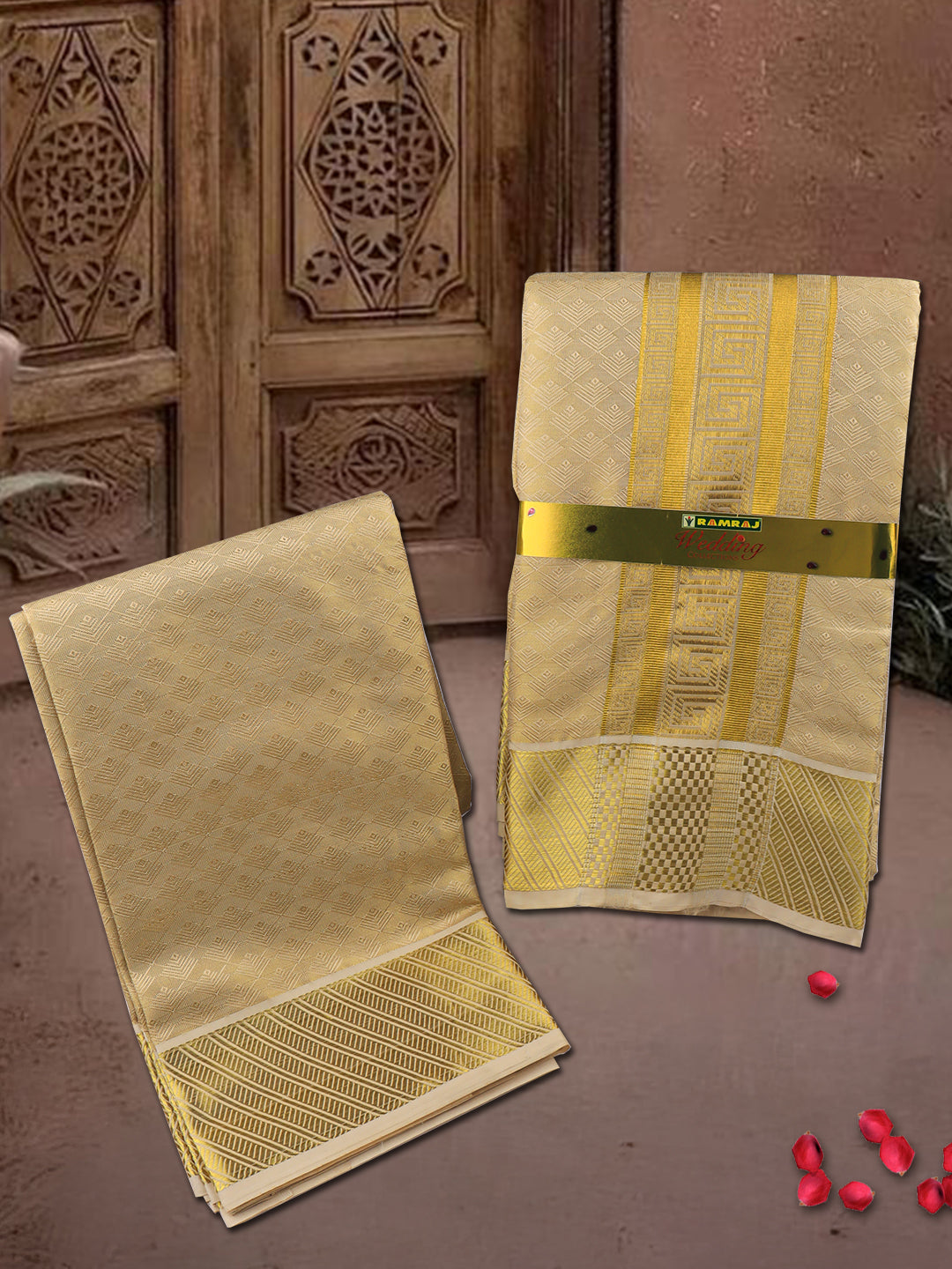 Men Art Silk Jari Dhoti & Shirting Set Gold Brahmotsavam B12(3*1)