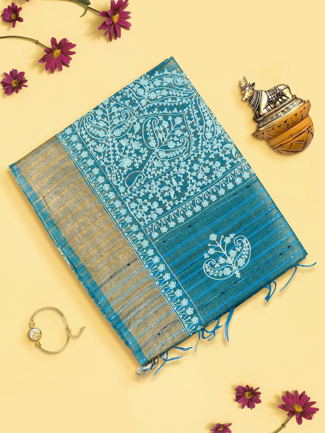 Women Elegant Blue Colour Pure Tussar Embroidery Saree PTP02-View one