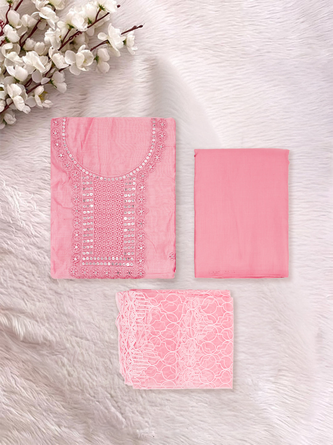 Women Semi Chanderi Embroidered Dress Material Pink DM355