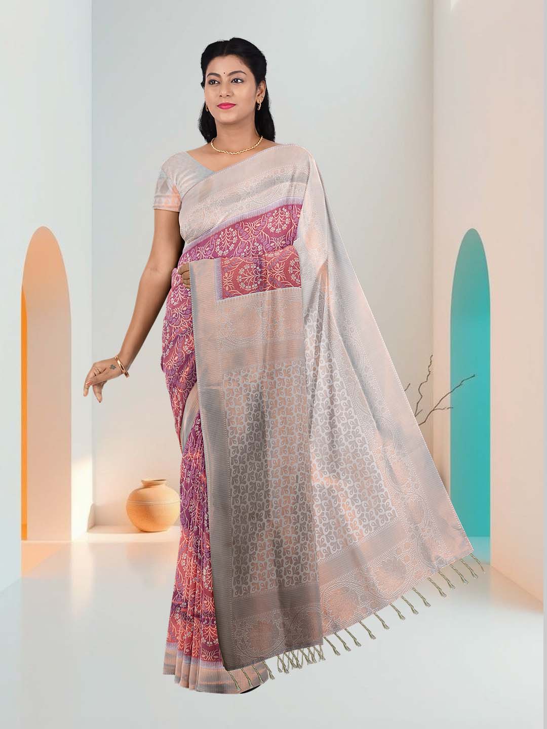 Women Grape with Green Art Silk Printed Saree ASS57