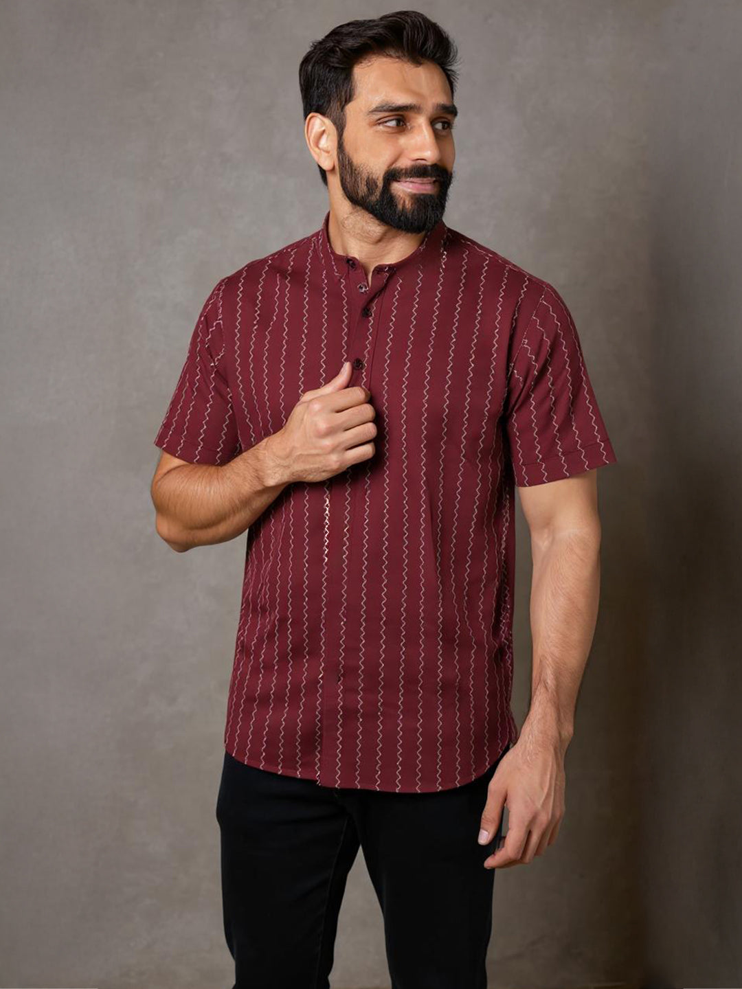 Men Cotton Short Length Striped Pocket Kurta Red PC34