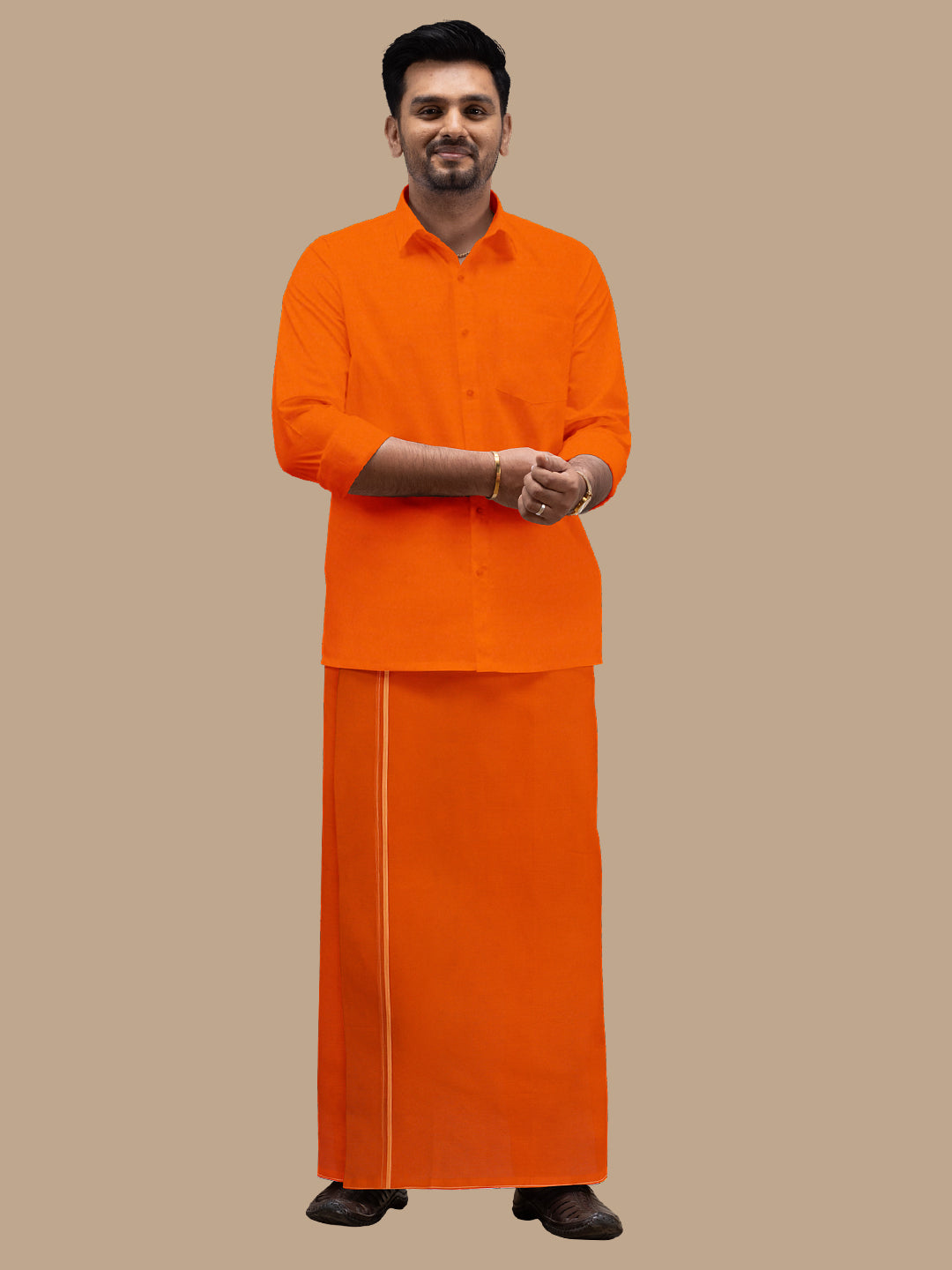 Men Assorted Border Readymade Single Dhoti Orange