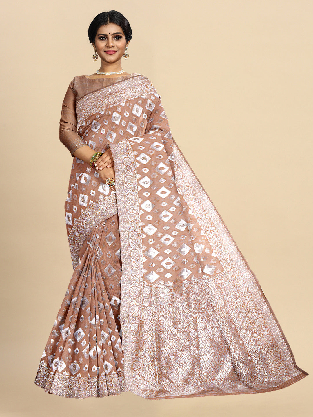 Semi Cotton Weaving Embossed  Brown with Silver Jari Mixed Saree SCS42