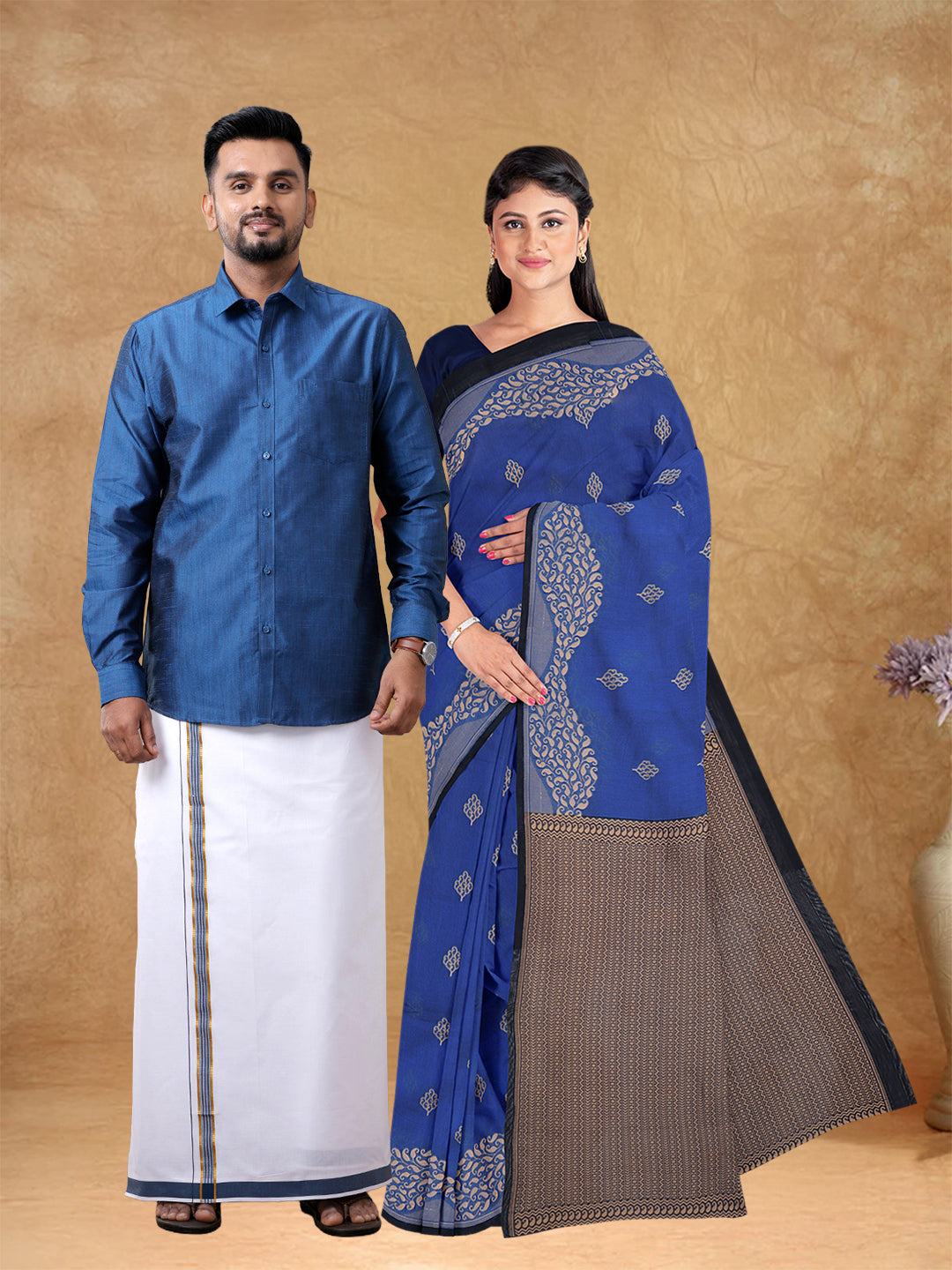 Couple Combo Shirt & Dhoti Set with Saree Dark Blue PCS170
