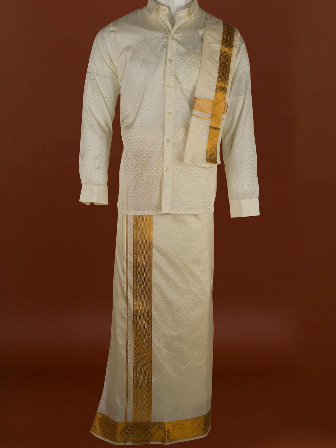 Men Art Silk Cream Self Design Shirt & Dhoti Towel Set Parinayam Grand CRJD2