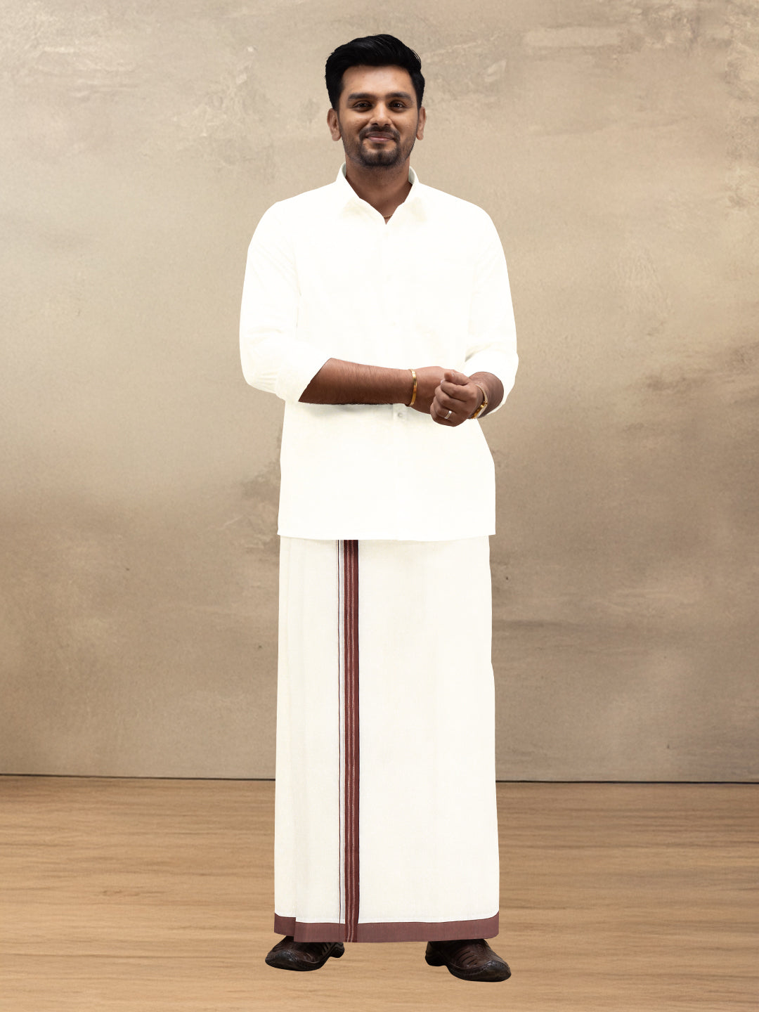 Men Kora Cotton Double Layer Dhoti with Brown Fancy Border VKF11