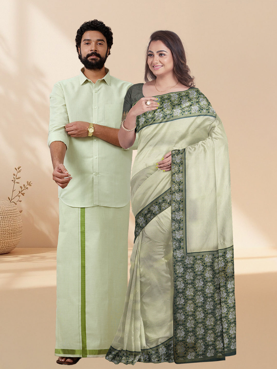 Couple Combo Shirt & Dhoti Set with Saree Green ASS74