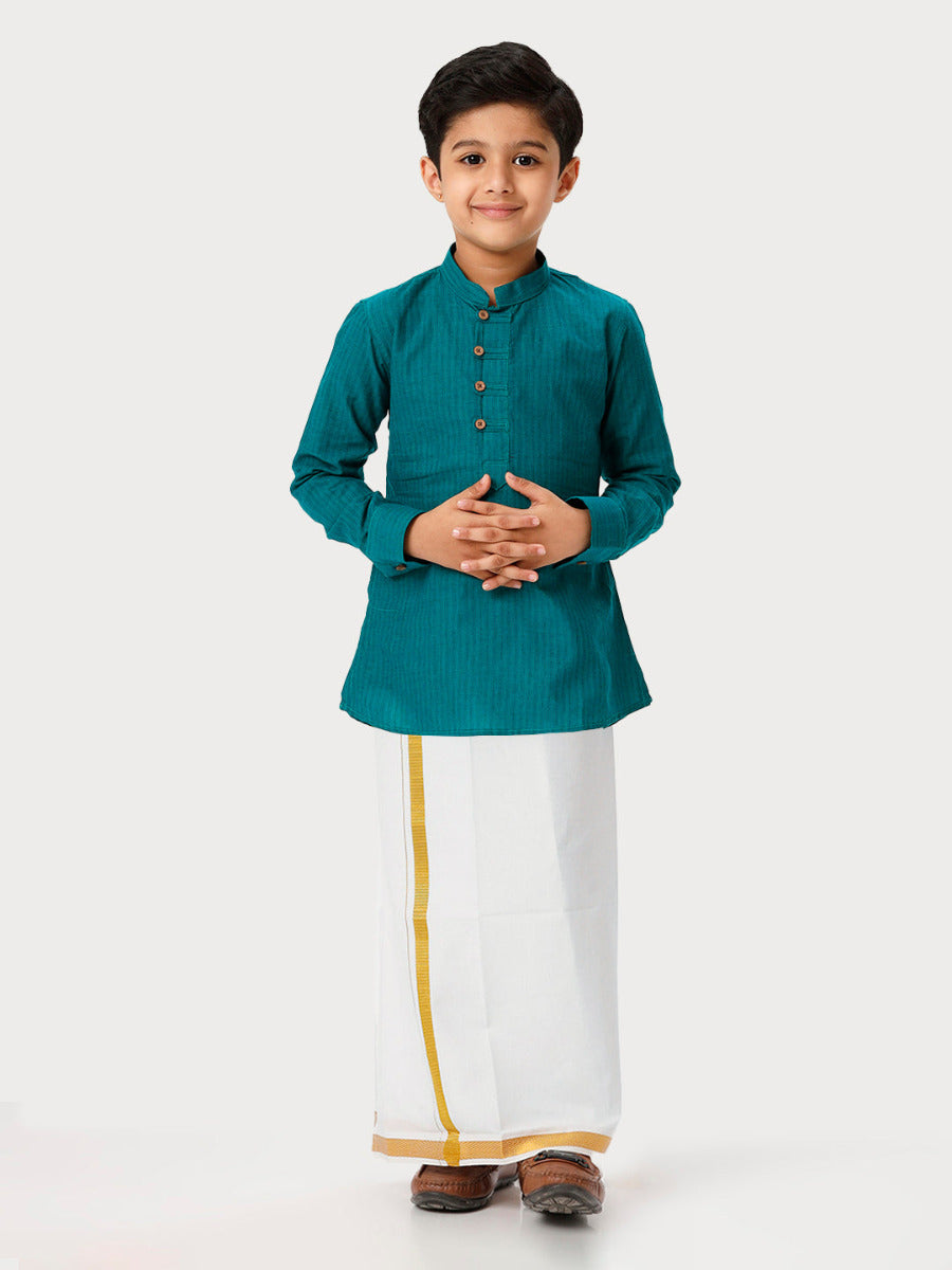 Boys Breeze Cotton Full Sleeves Peacock Green Kurta with Dhoti Combo-Front view