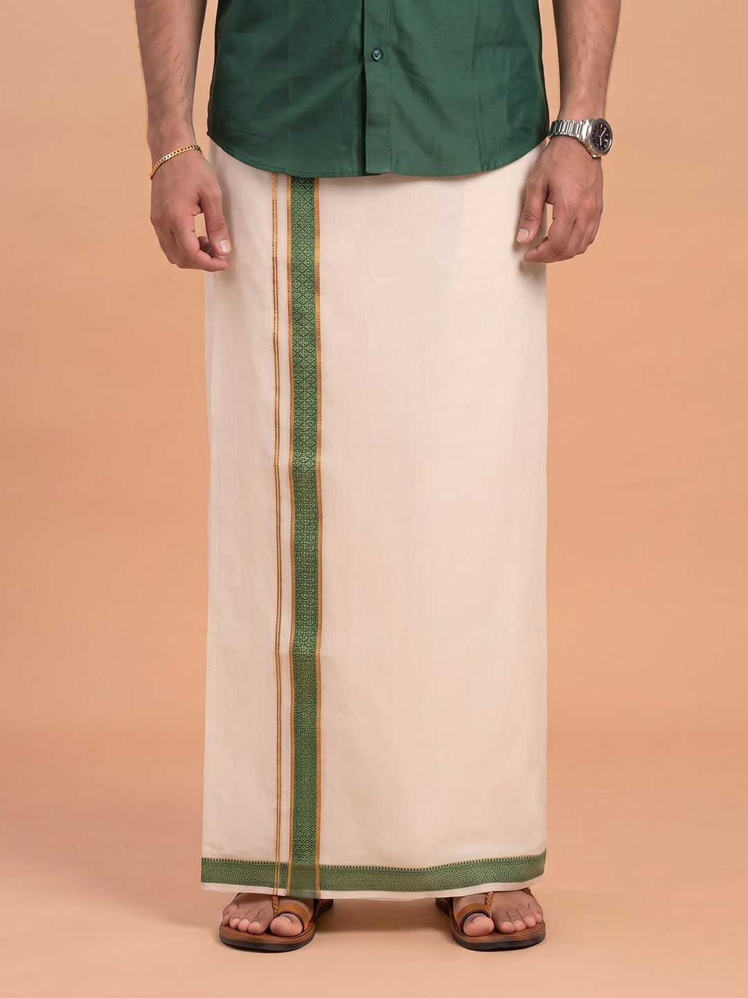 Double Layer 100% Cotton Cream Kora Dhoti with Colour Jari Border - CF02