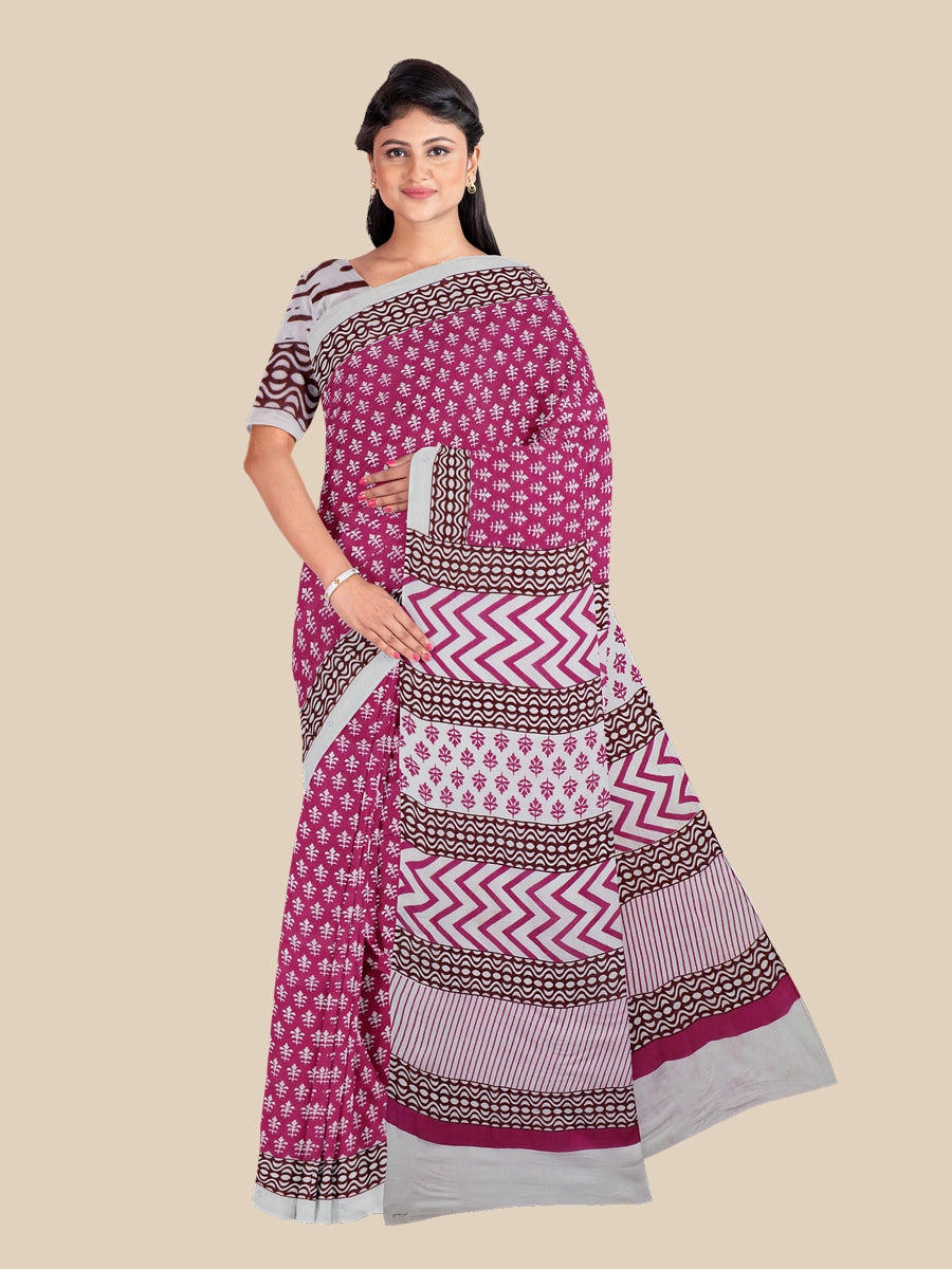 Womens Elegant Pink with Off White All over Printed Pure Cotton Saree PCS29