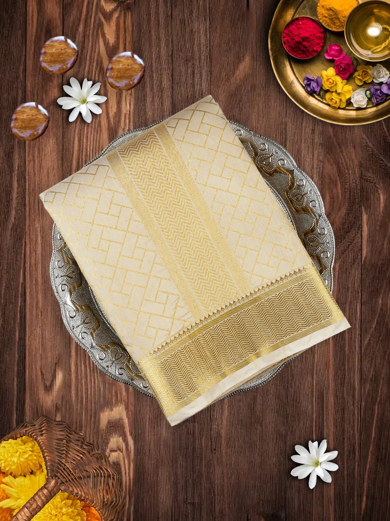 Premium Pure Silk Cream Dhoti With Angavastram 3" Jari Border Agarshanaa