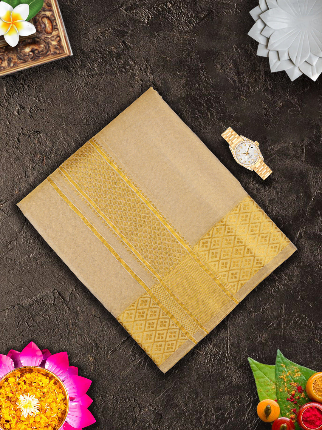 Pure Silk Embossed Tissue 3" Gold Jari Border Dhoti With Towel Thirukalyan (9+5)