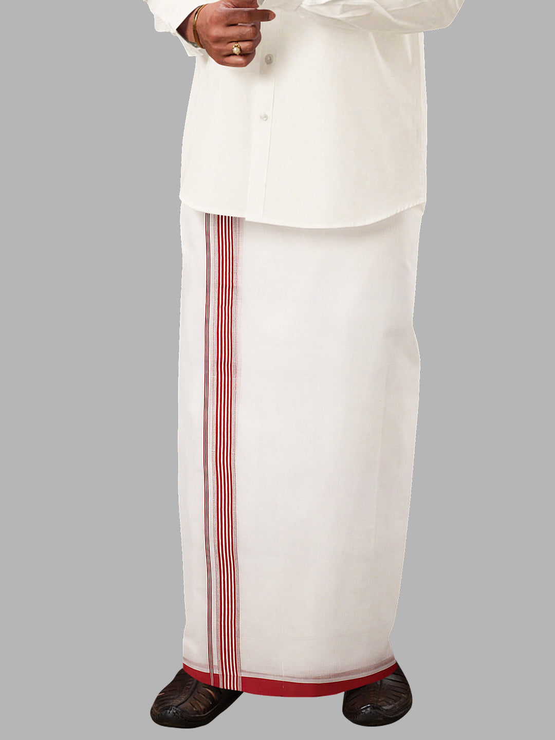 Men Red Fancy Border Double Layer White Dhoti RF02