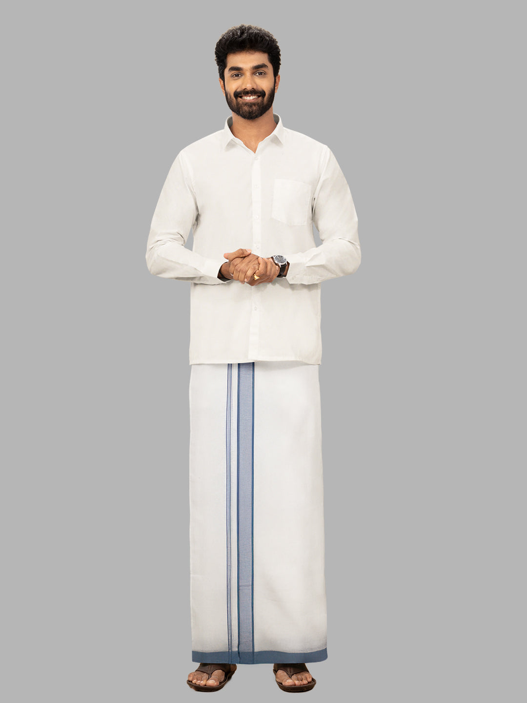 Men LightBlue Fancy Border Double Layer White Dhoti RP5