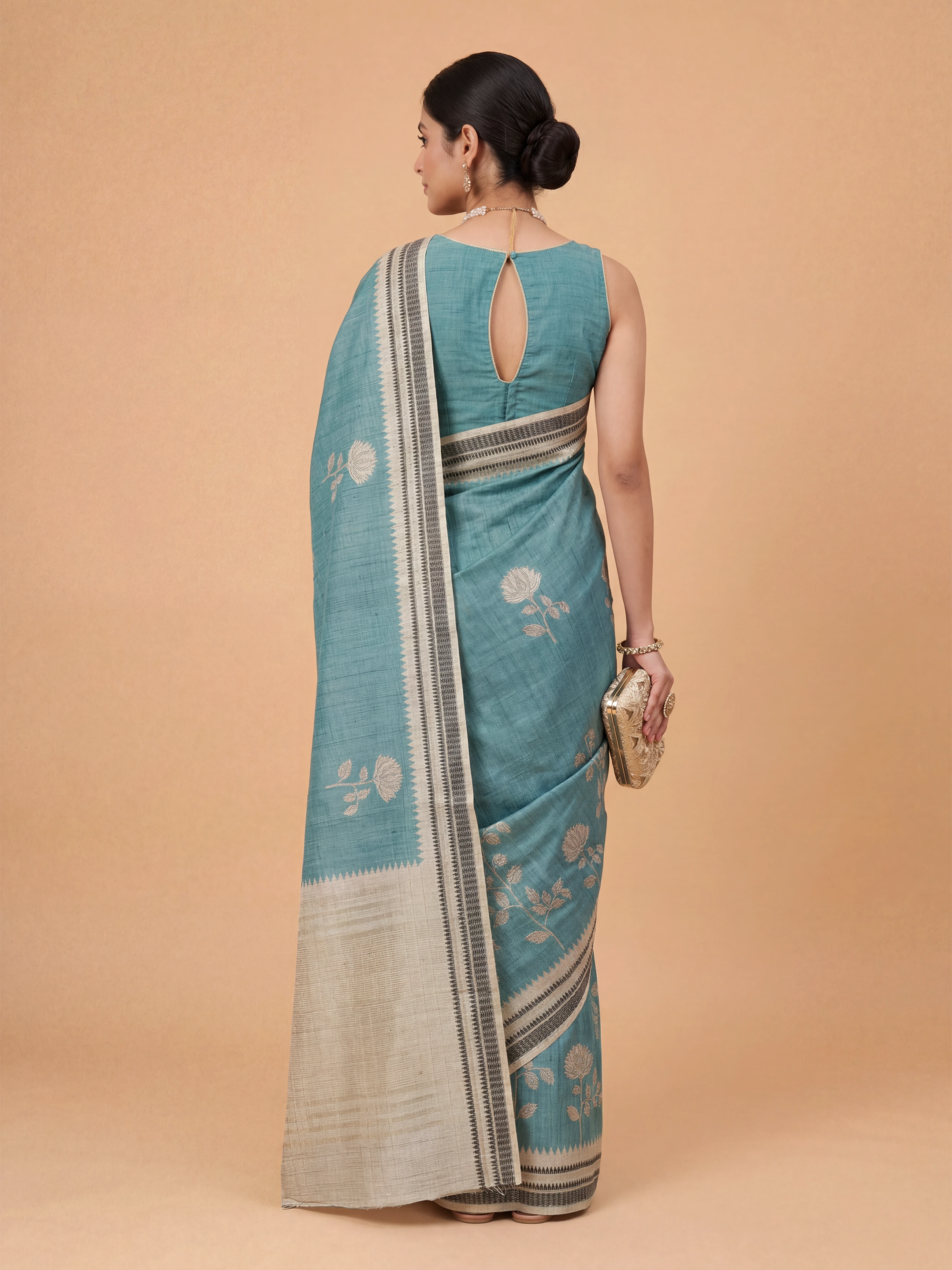 Women Semi Tussar Printed Teal Green Saree ST340