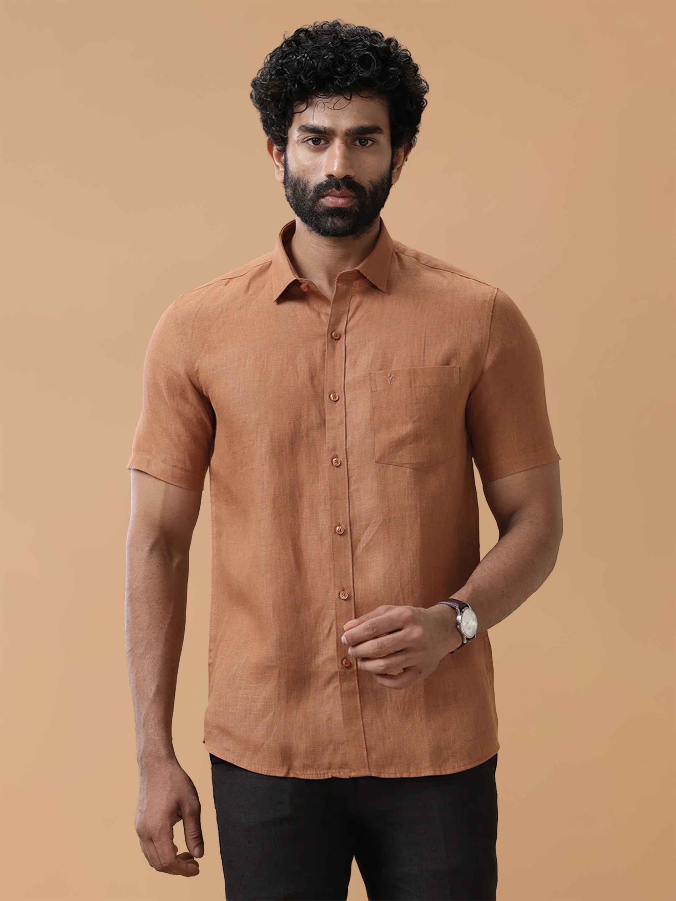 Pure Linen Rust Brown Smart Fit Shirt L115