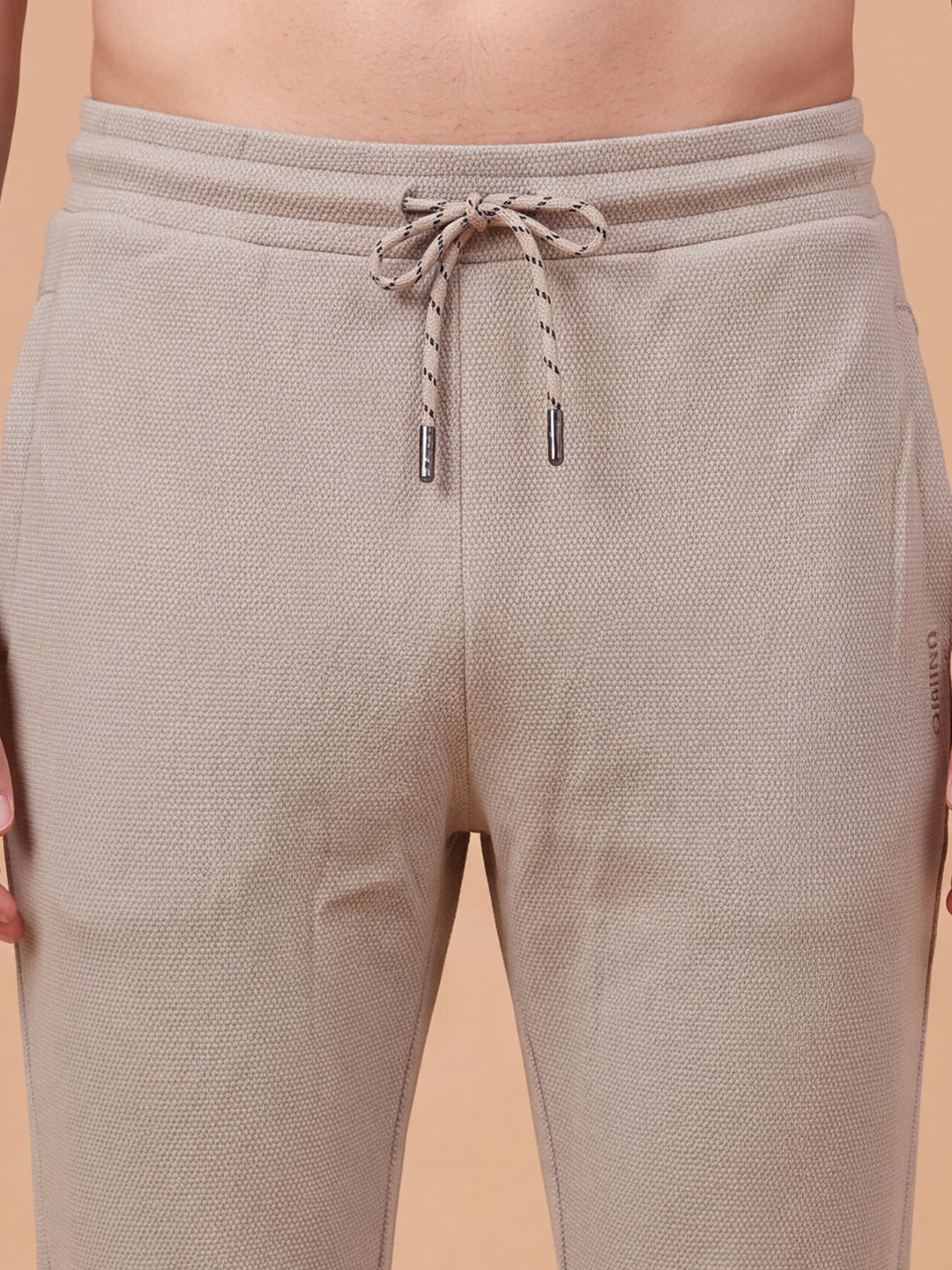 Cotton Rich Popcorn Structured Fabric Beige Track Pants PTK2