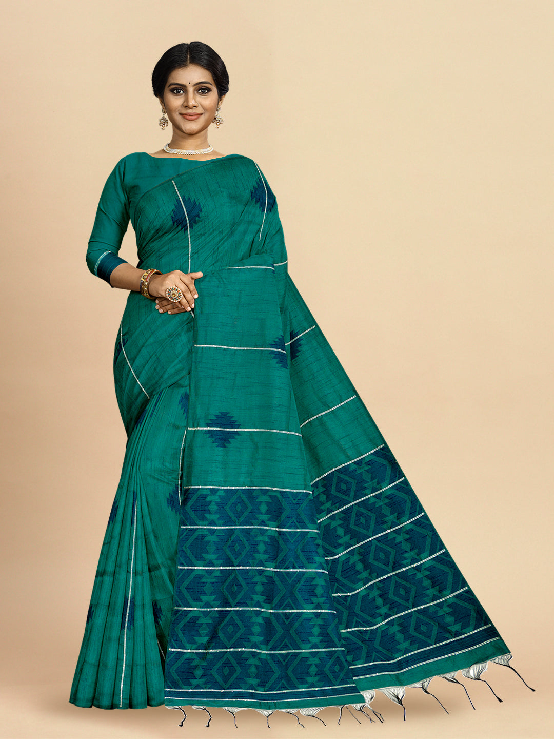 Womens Elegant  Semi Tussar Weaving Green with Navy Colour  With Embroidery Saree ST111