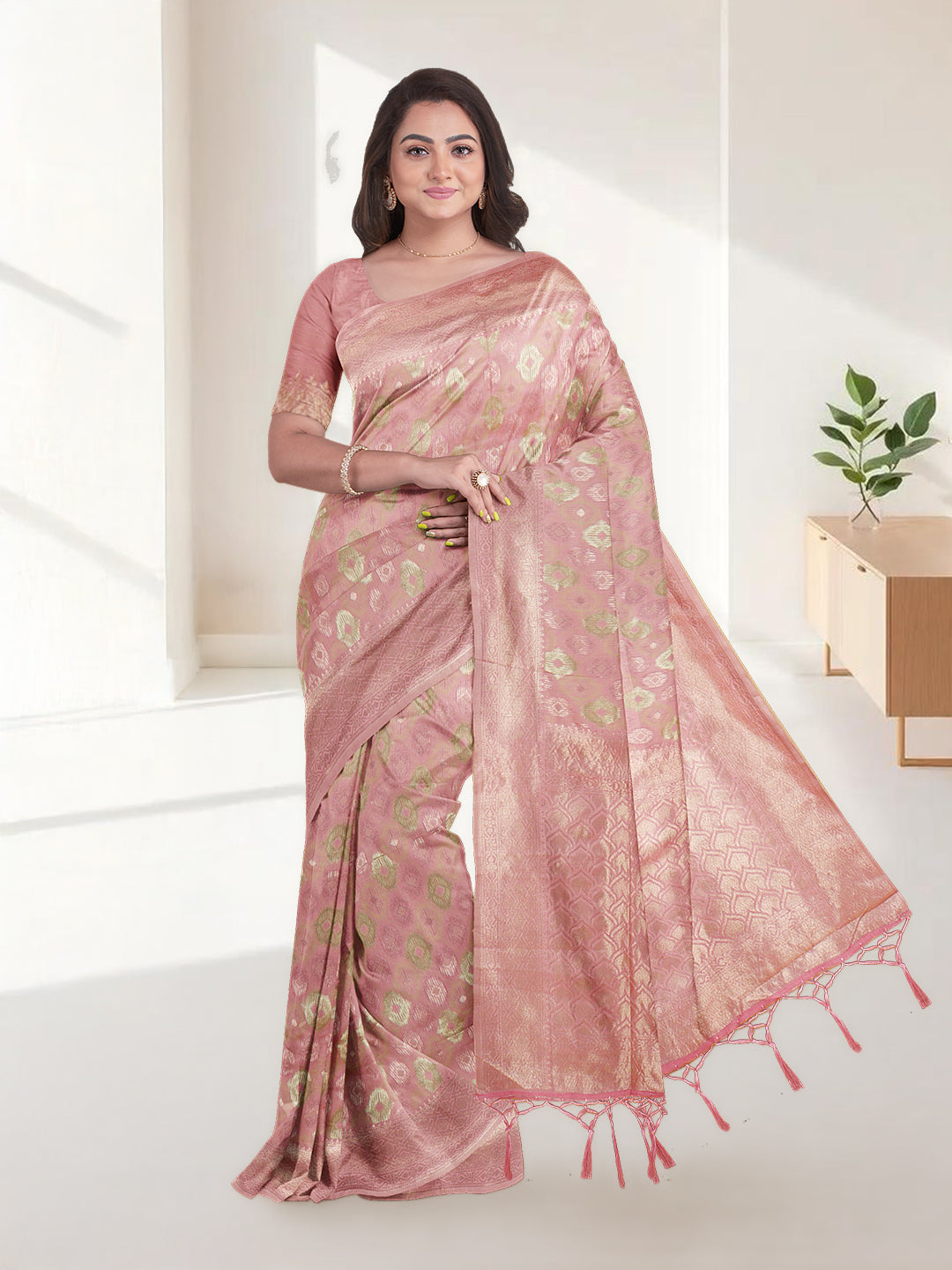 Women Light Pink Cotton Weaving Saree PCS189