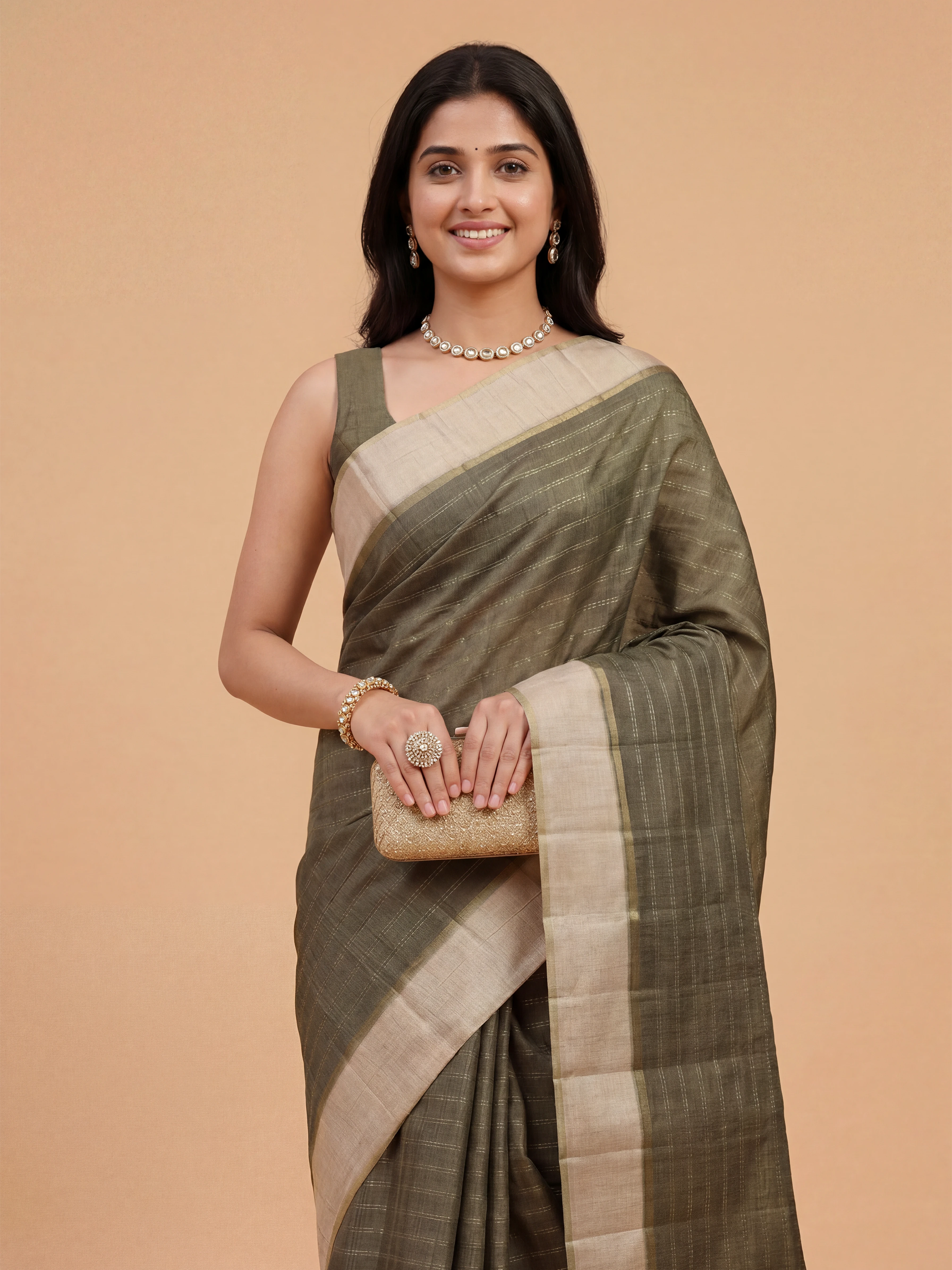 Women Semi Tussar Olive Green Saree ST326