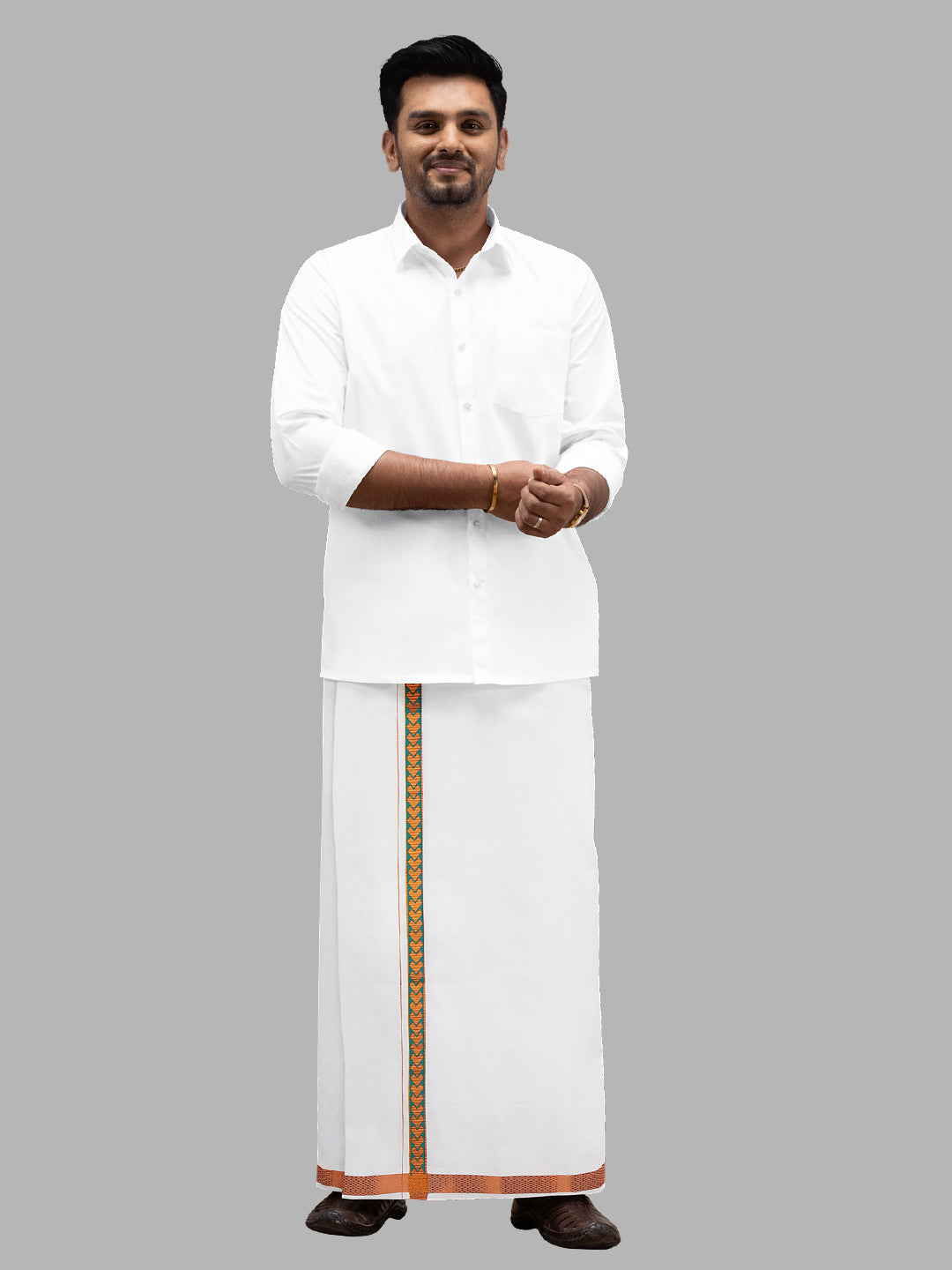 Men Adjustable Green Fancy Jari Border Pocket Dhoti