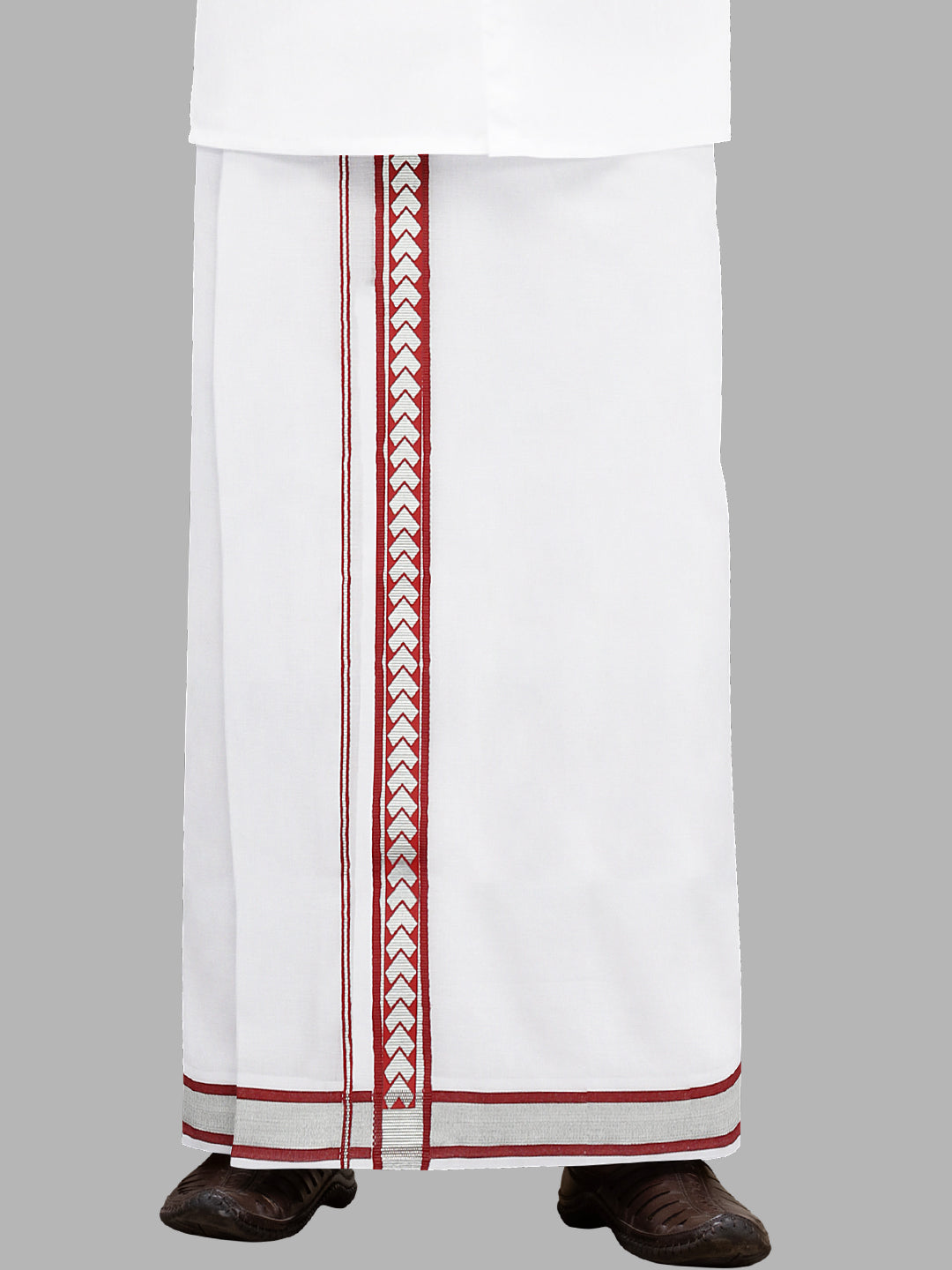 Men Red Fancy Jari Border White Double Layer Dhoti