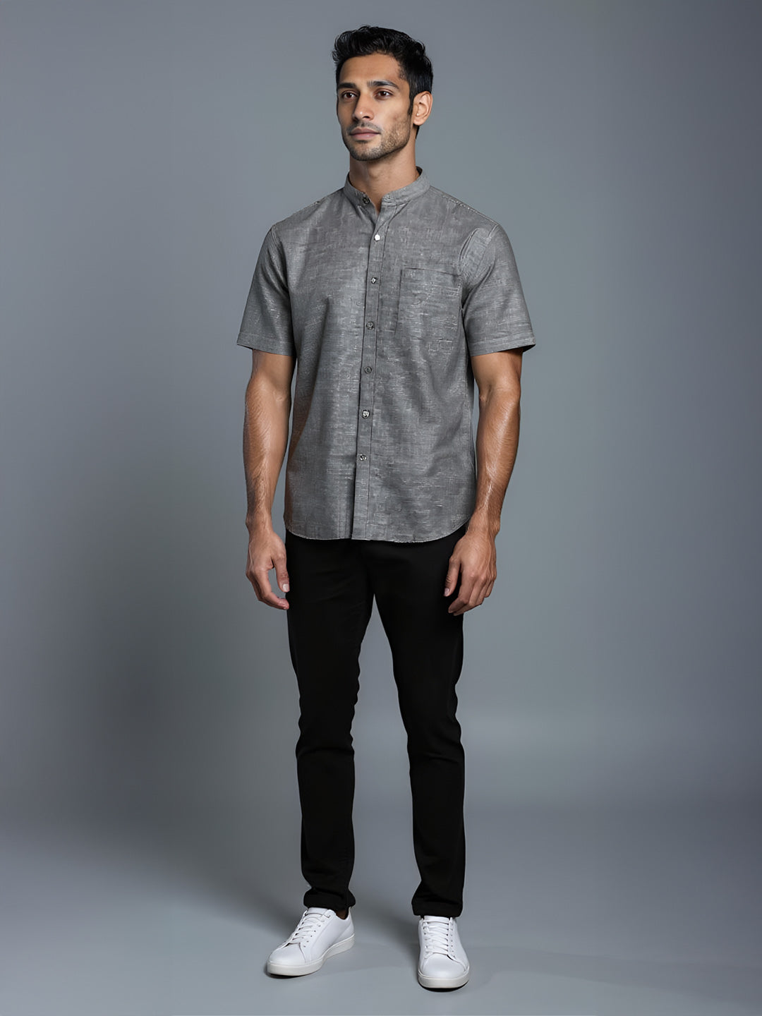 Men Grey Linen Cotton Chinese Collar Shirt LF7
