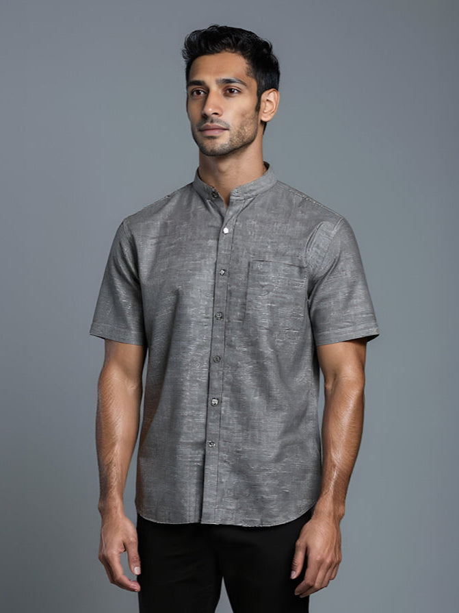 Men Grey Linen Cotton Chinese Collar Shirt LF7