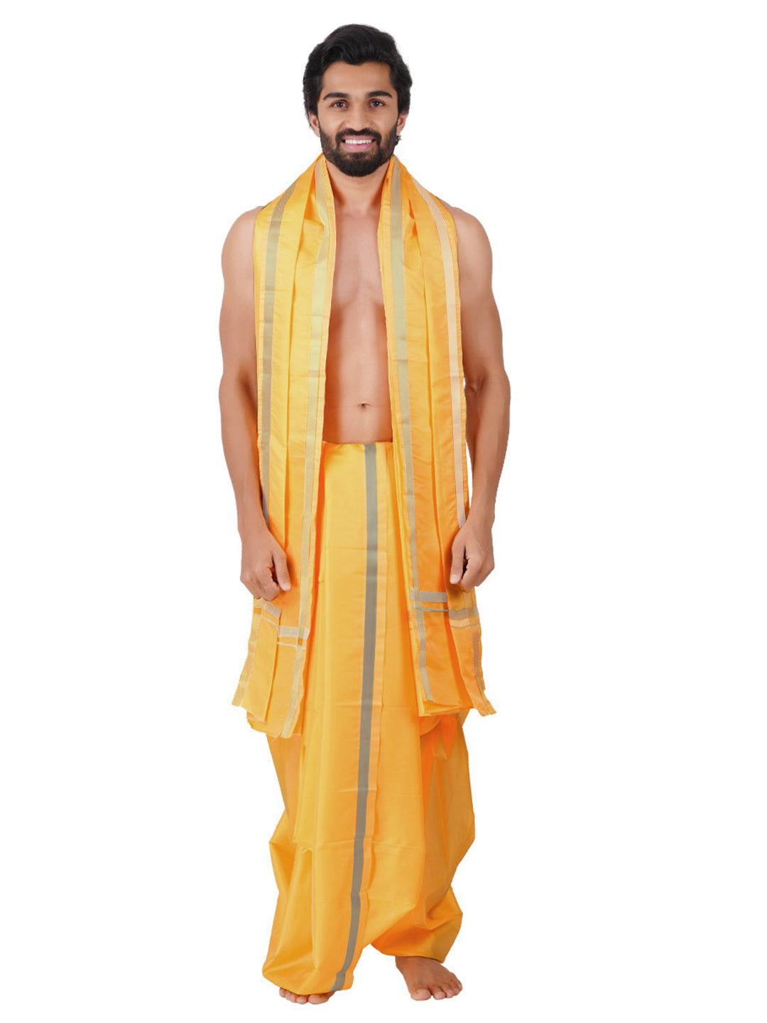 Mens Art Silk Panchakacham with Angavastram Jayadeva Silver (9+5) L.Yellow