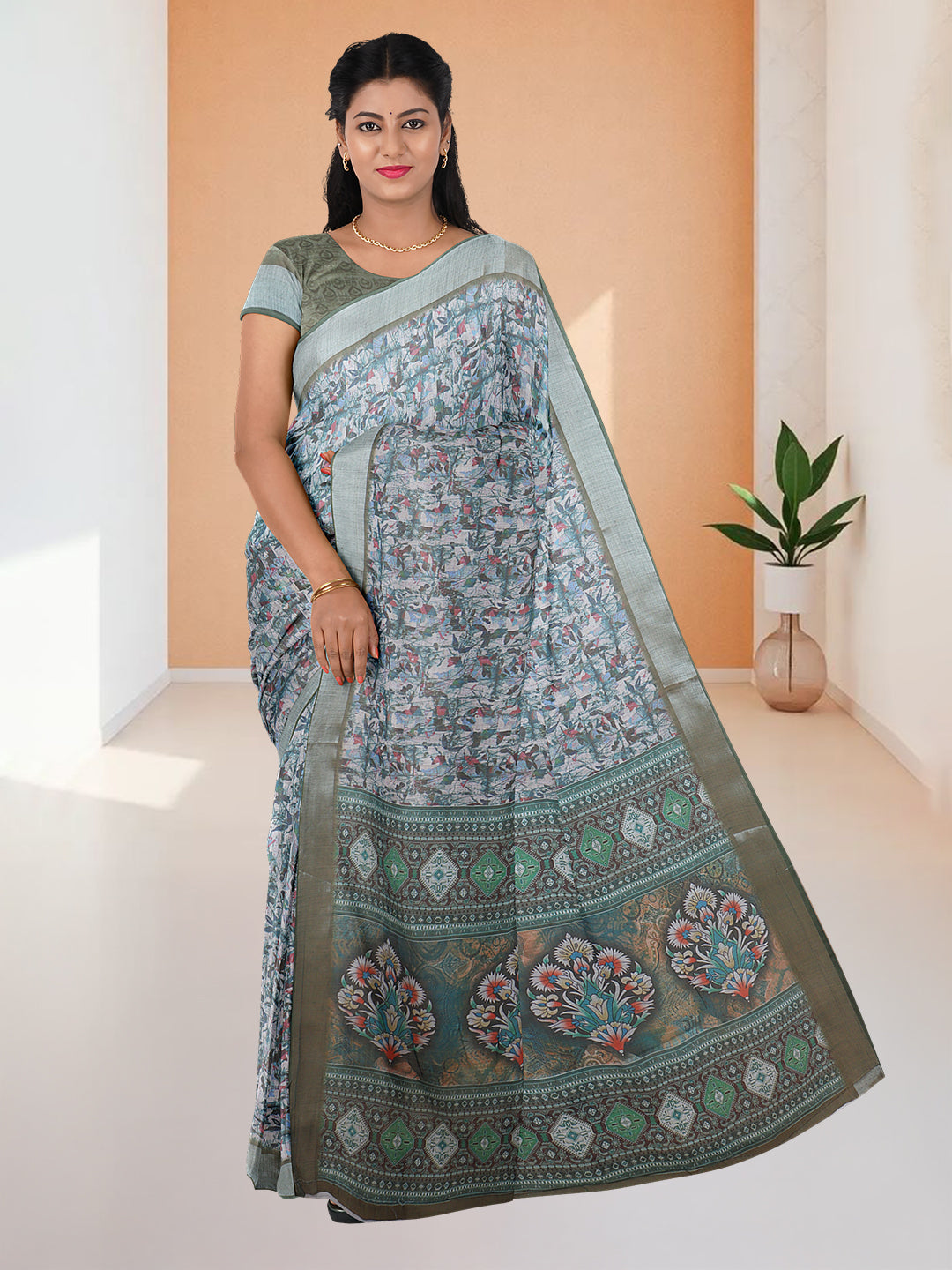 Women Light Green Semi Linen Saree SL225