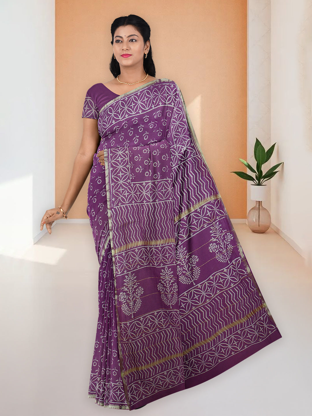 Women Violet Semi Chanderi Cotton Printed Saree SC72