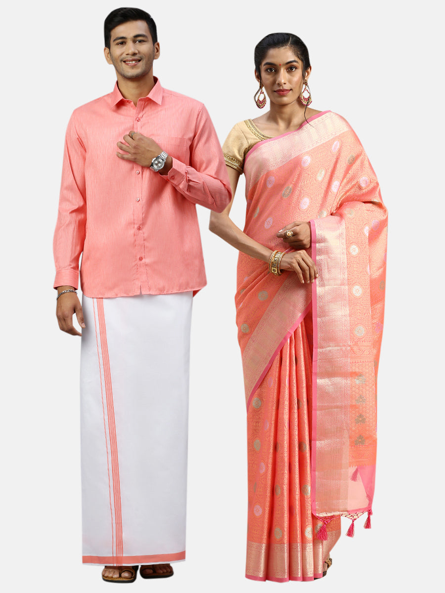 Couple Combo Pink Shirt Dhoti Set with Saree SKCW04