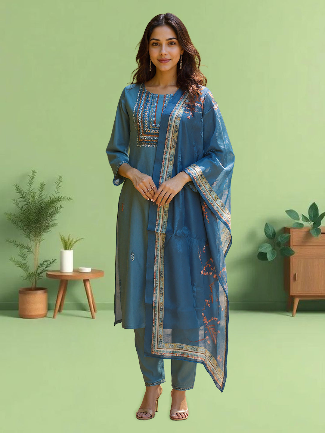 Women Silky Crush Embroidered Kurti Set Peacock Green EKS86